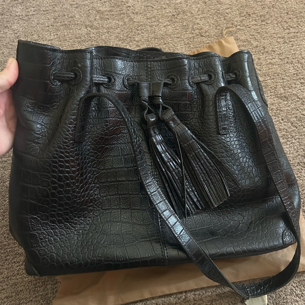 Patricia Nash Black Croc-Embossed Leather Drawstring Shoulder Bag